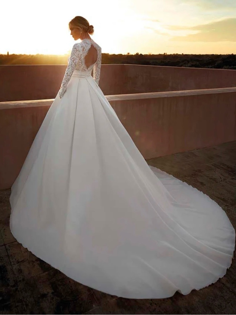 Pronovias White Long-Sleeve Lace Back Ball Gown Wedding Dress